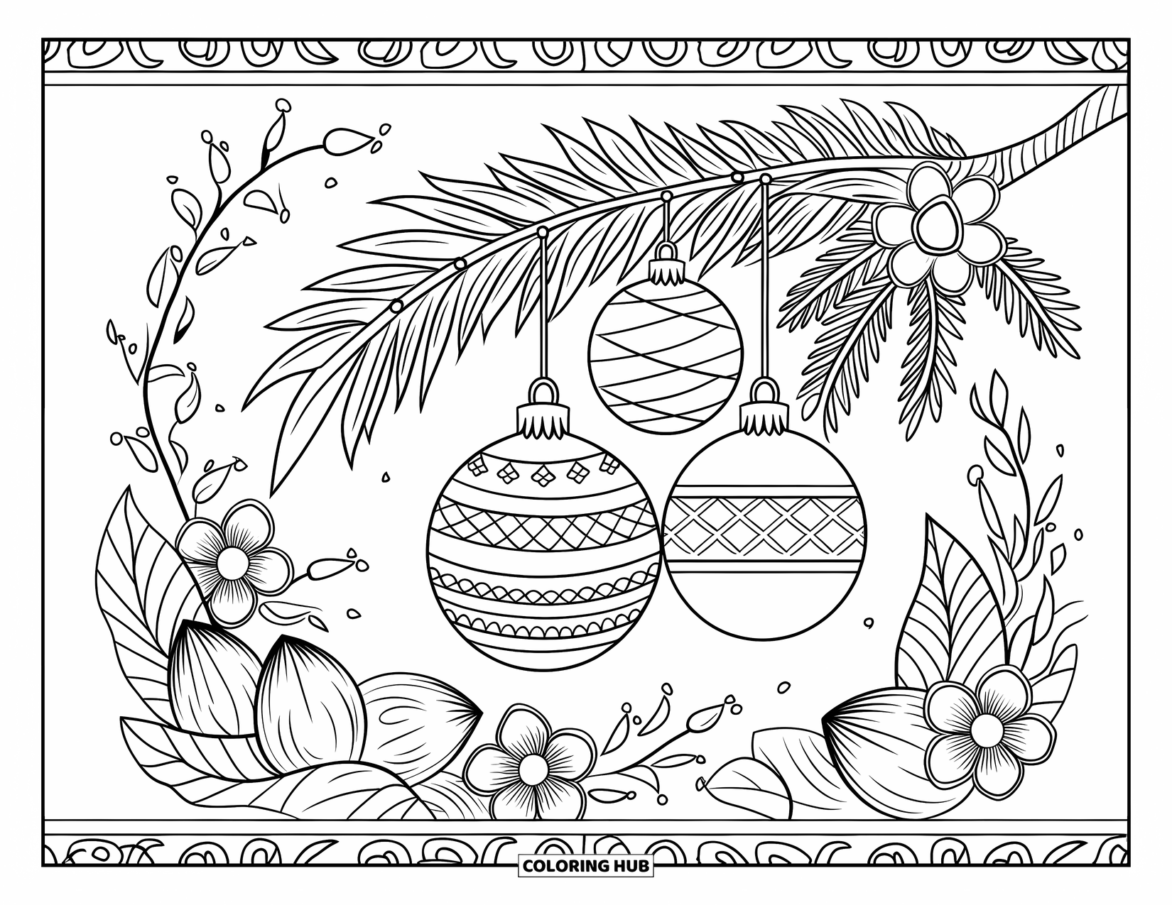 Christmas In July Coloring Page for Adults: Ornaments hang from a palm branch surrounded by tropical flowers and coconuts