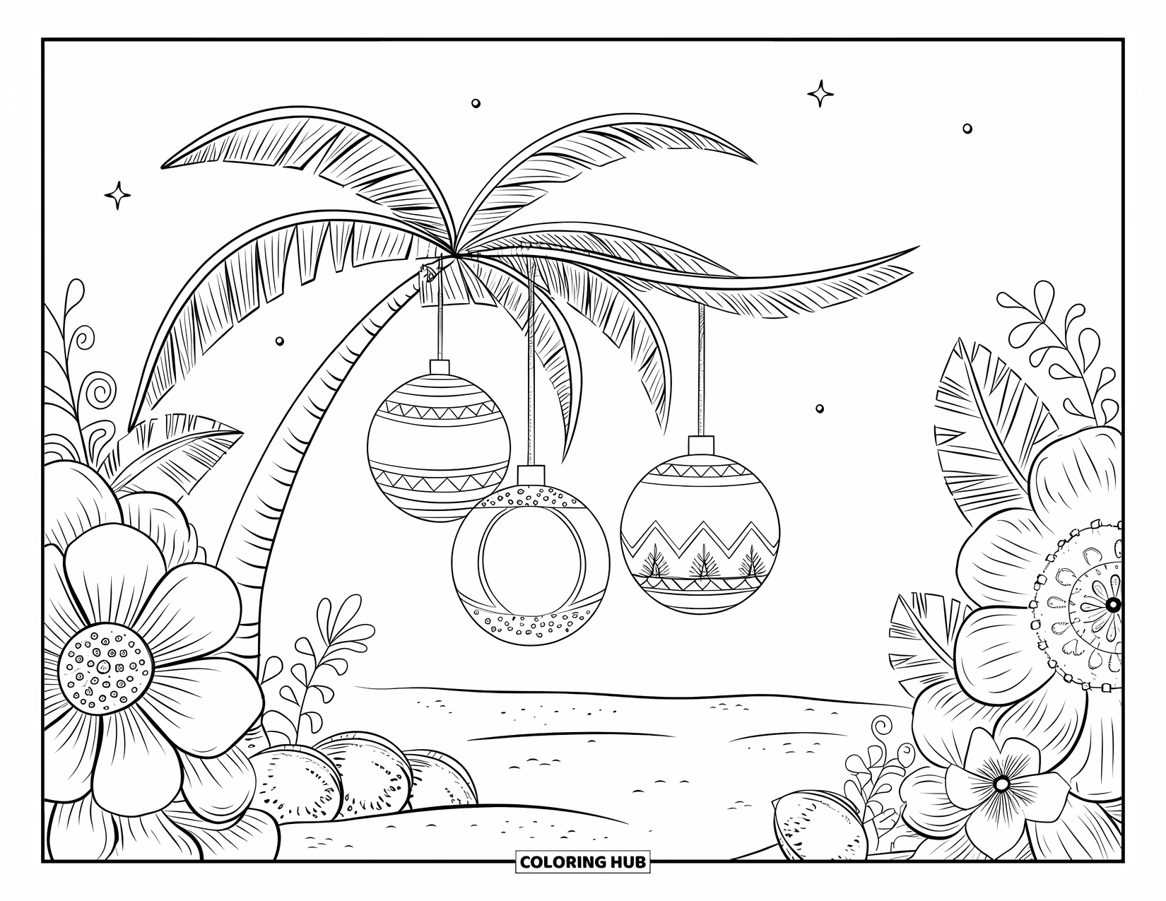 Christmas In July Coloring Page for Adults: Palm tree ornaments sparkle above patterned tropical flowers on sandy ground