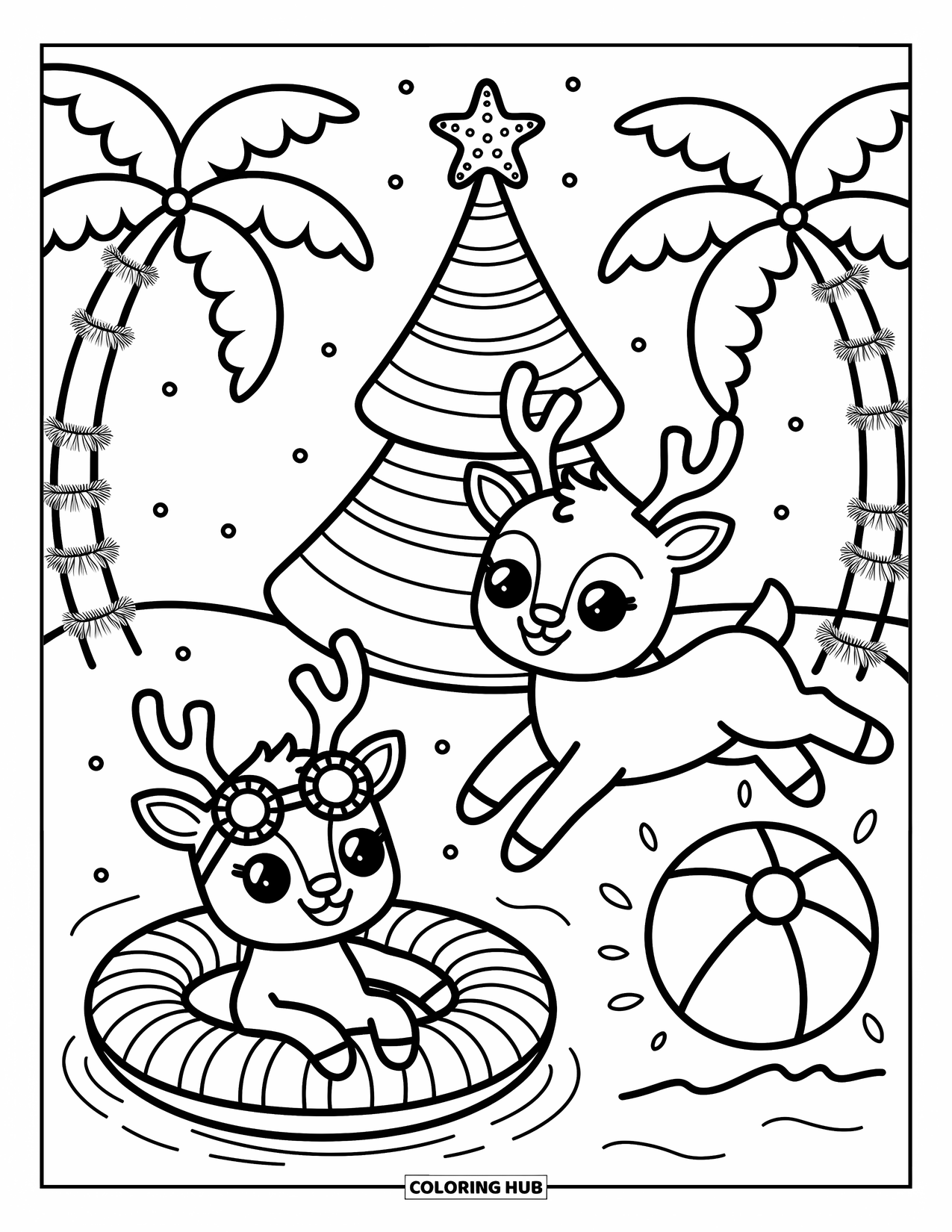 Christmas In July Coloring Page for Adults: Playful reindeer enjoy beach fun with a towel tree crowned by a starfish
