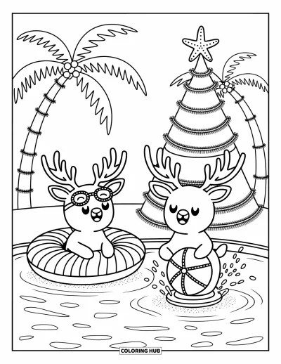 Coloriage de Noël en juillet pour adultes : Des rennes flottent et s'éclaboussent sous des palmiers et des guirlandes de fête au bord de la mer