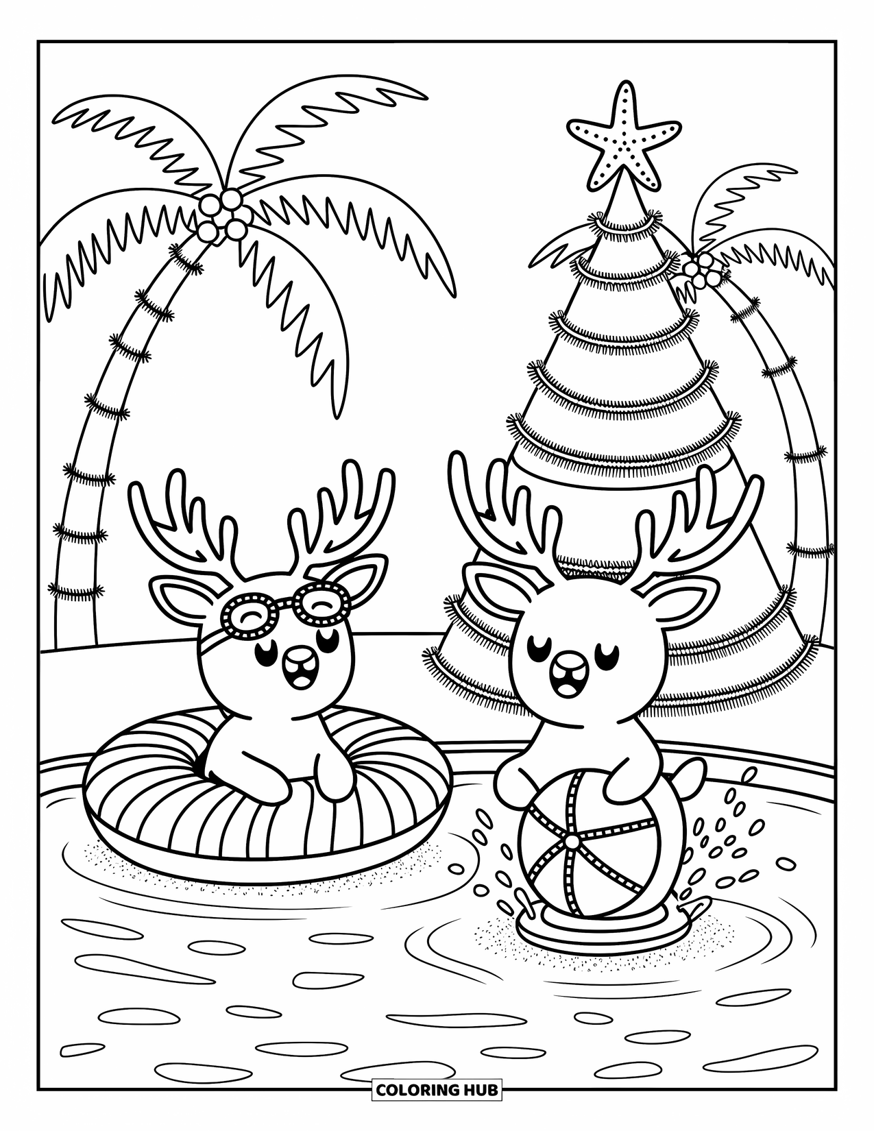 Christmas In July Coloring Page for Adults: Reindeer float and splash under palm trees and tinsel garlands by the sea