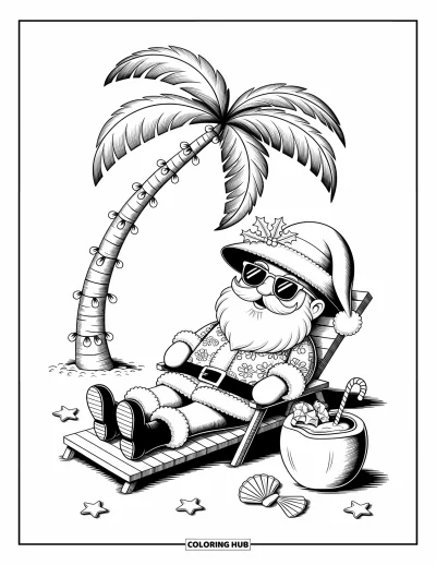 Coloriage de Noël en juillet pour adultes : Le Père Noël profite du soleil dans une chaise de plage sous des guirlandes lumineuses et des palmiers