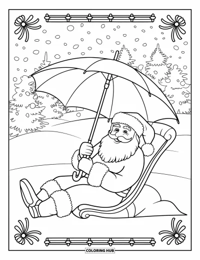 Coloriage de Noël en juillet pour adultes : Le Père Noël est allongé sous un grand parasol dans un paysage enneigé