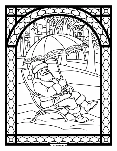 Coloriage de Noël en juillet pour adultes : Le Père Noël se détend sous un parasol encadré d'arbres et de vitraux