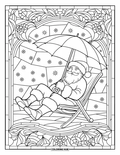 Coloriage de Noël en juillet pour adultes : Le Père Noël se repose sous des motifs de vitraux et des arbres enneigés