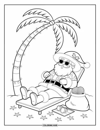 Coloriage de Noël en juillet pour adultes : Le Père Noël se détend sous un palmier en lunettes de soleil et chemise hawaïenne