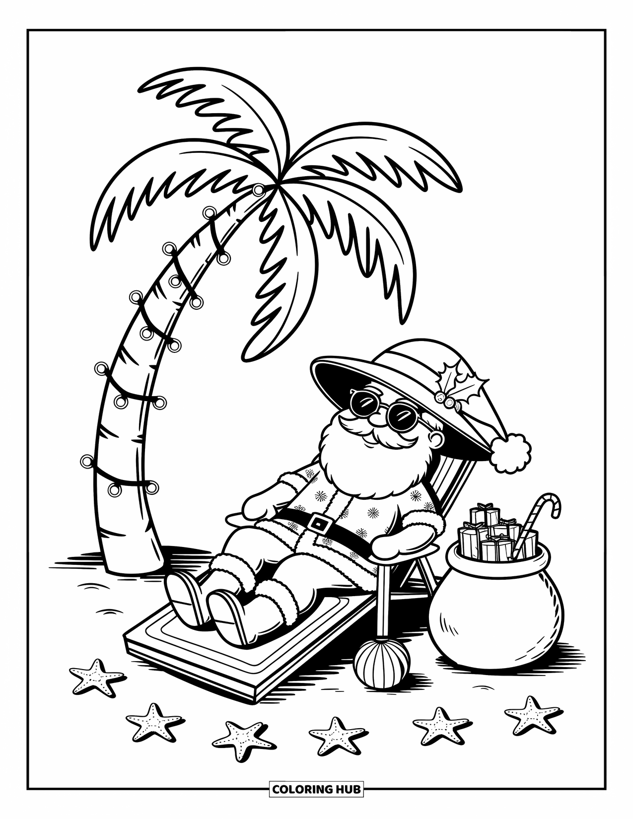 Christmas In July Coloring Page for Adults: Santa rests under a glowing palm tree with gifts and a coconut drink
