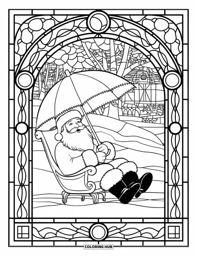 Coloriage de Noël en juillet pour adultes : Le Père Noël se repose sous un parasol dans un décor hivernal aux motifs de vitraux