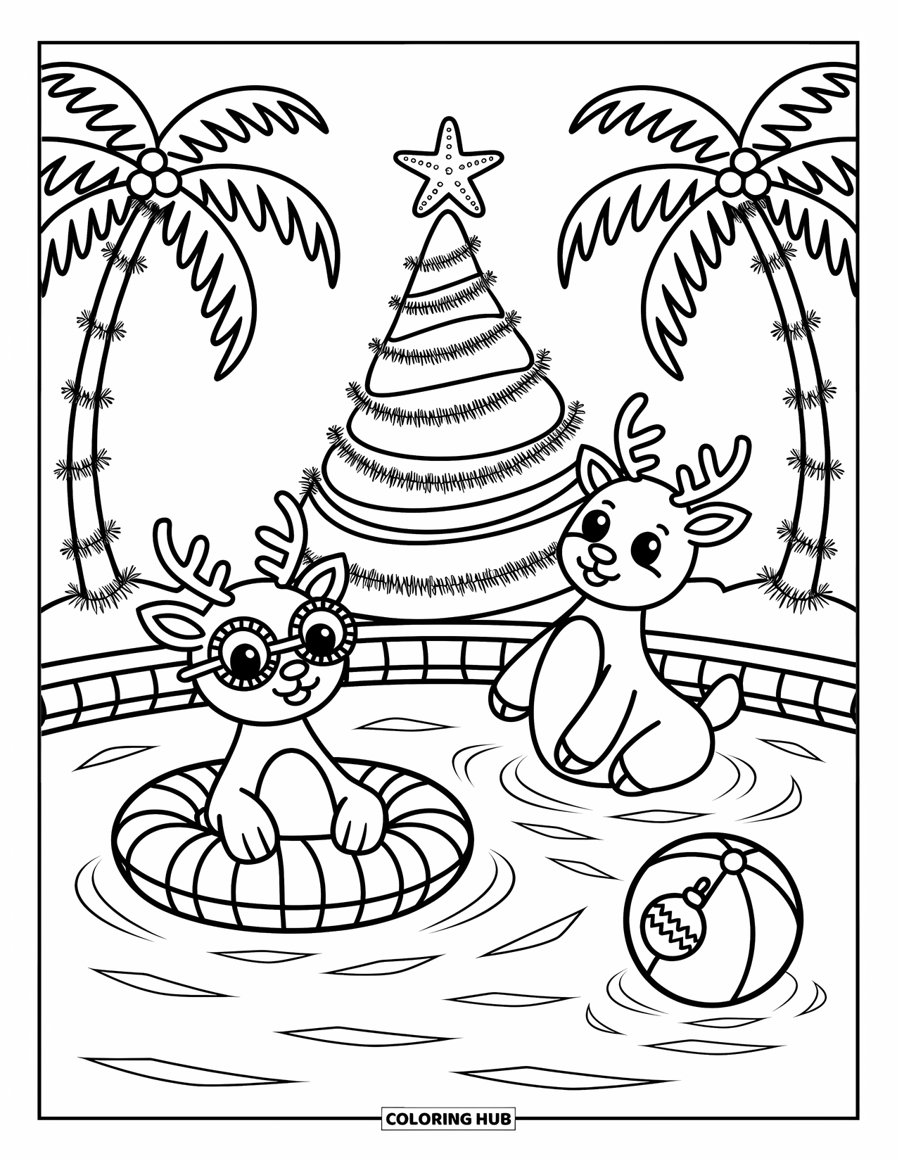 Christmas In July Coloring Page for Adults: Two cheerful reindeer splash near palm trees and a beach towel Christmas tree