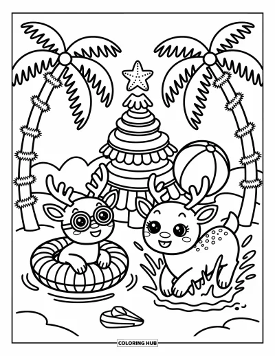 Coloriage de Noël en juillet pour adultes : Deux rennes s'éclaboussent et jouent dans une piscine tropicale avec des jouets de plage festifs