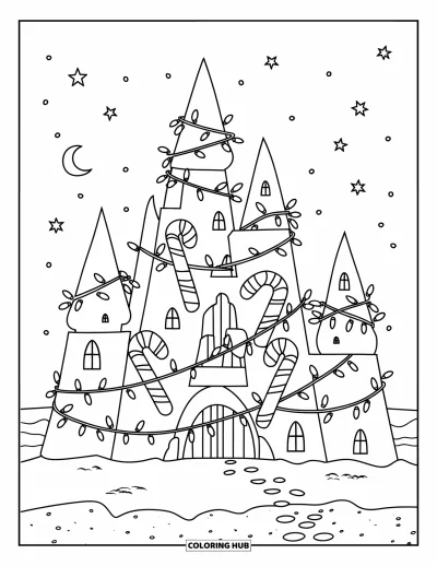 Coloriage de Noël en juillet pour enfants : Un château de sable décoré de cannes en sucre d'orge et de lumières scintillantes