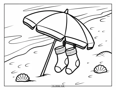 Coloriage de Noël en juillet pour enfants : Un parasol de plage planté dans le sable avec des chaussettes suspendues dessus