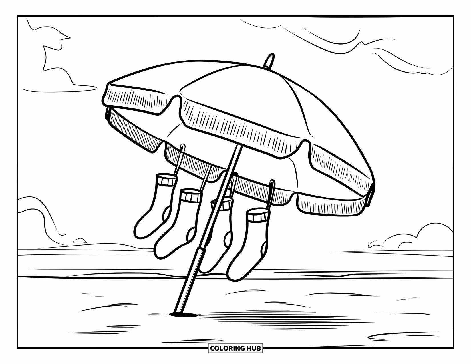 Christmas In July Coloring Page for Kids: A beach umbrella with stockings hanging beneath a bright, clear sky