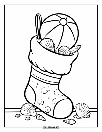 Coloriage de Noël en juillet pour enfants : Une grande chaussette remplie de coquillages et d'un ballon de plage est suspendue à proximité