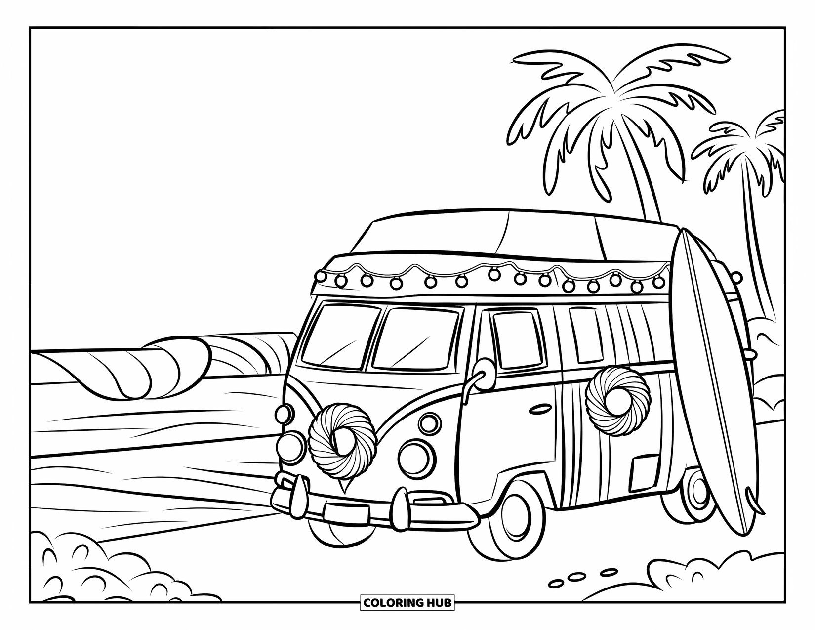 Christmas In July Coloring Page for Kids: A camper van with wreaths and lights sits by the beach with a surfboard nearby