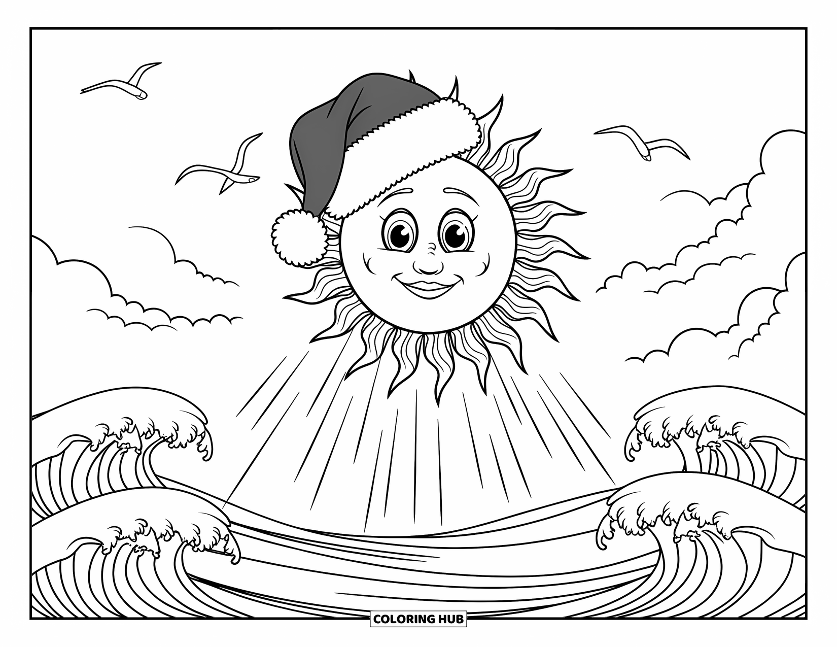 Christmas In July Coloring Page for Kids: A cheerful sun in a Santa hat beams above the foamy ocean