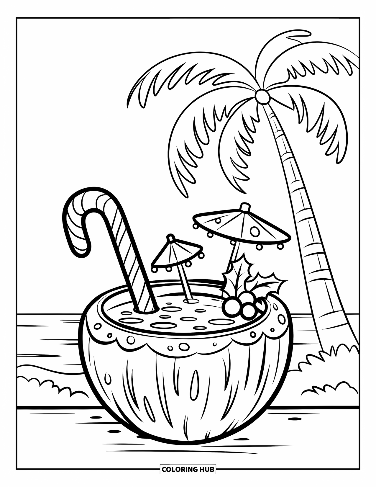 Christmas In July Coloring Page for Kids: A coconut drink with candy cane, holly, and umbrellas rests on the beach