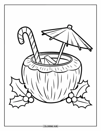Coloriage de Noël en juillet pour enfants : Une boisson à la noix de coco avec du houx et une canne en sucre d'orge sous un palmier