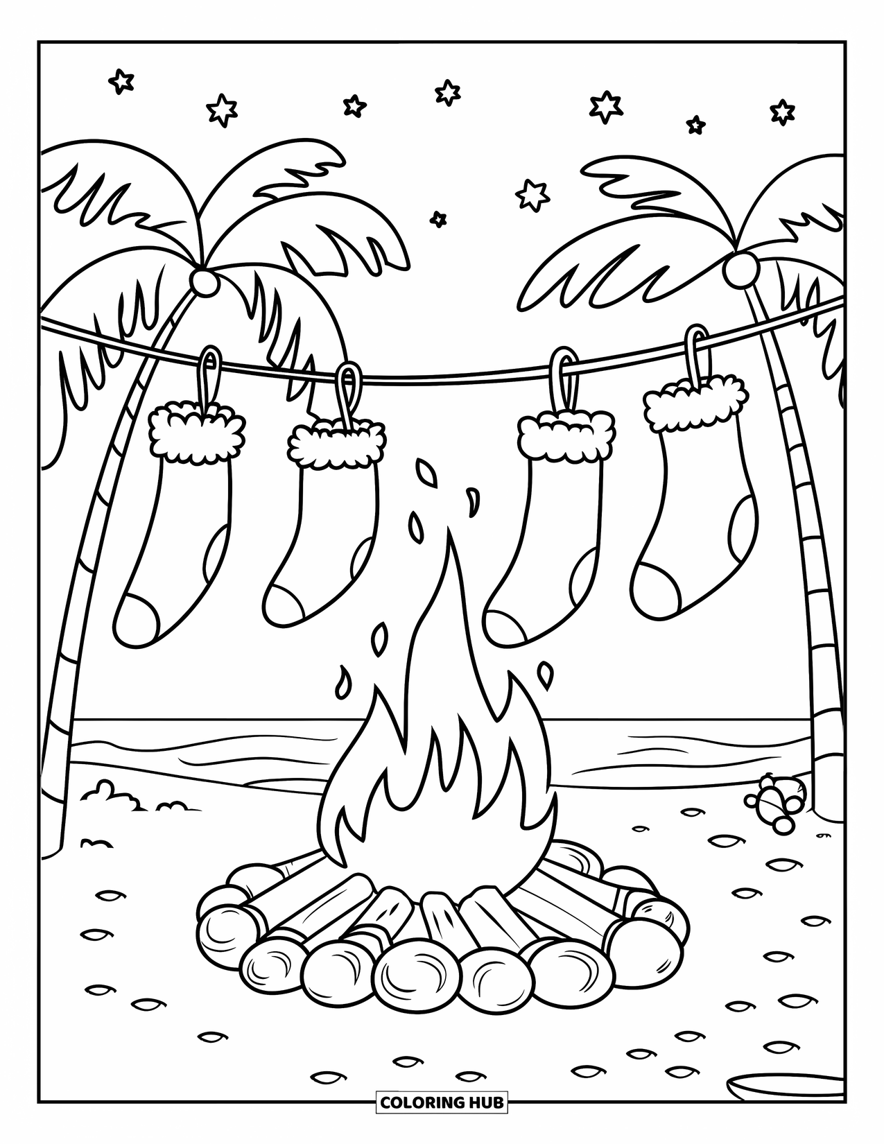 Christmas In July Coloring Page for Kids: A cozy bonfire burns on the beach with stockings hanging above