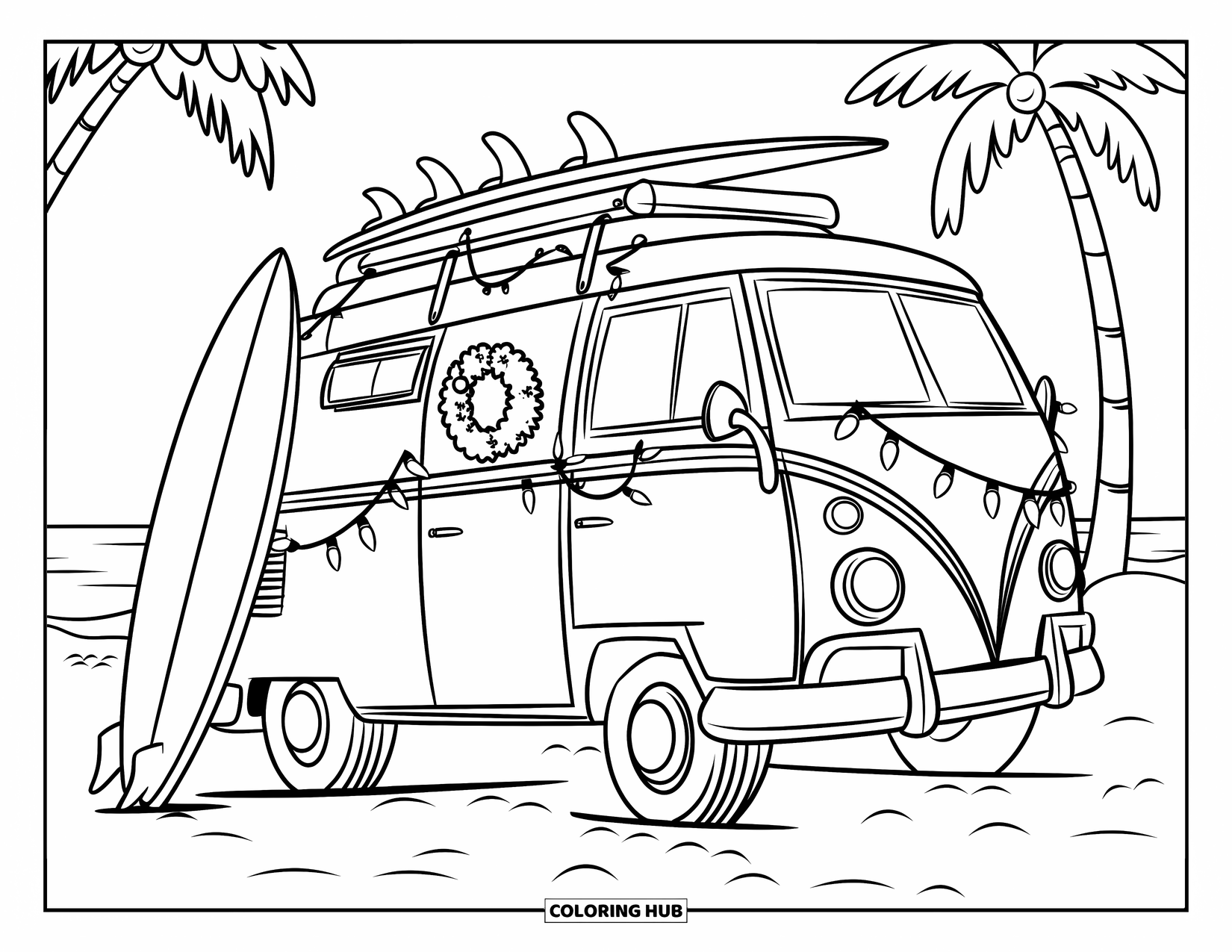 Christmas In July Coloring Page for Kids: A decorated camper van with wreaths and lights beside the beach and surfboards