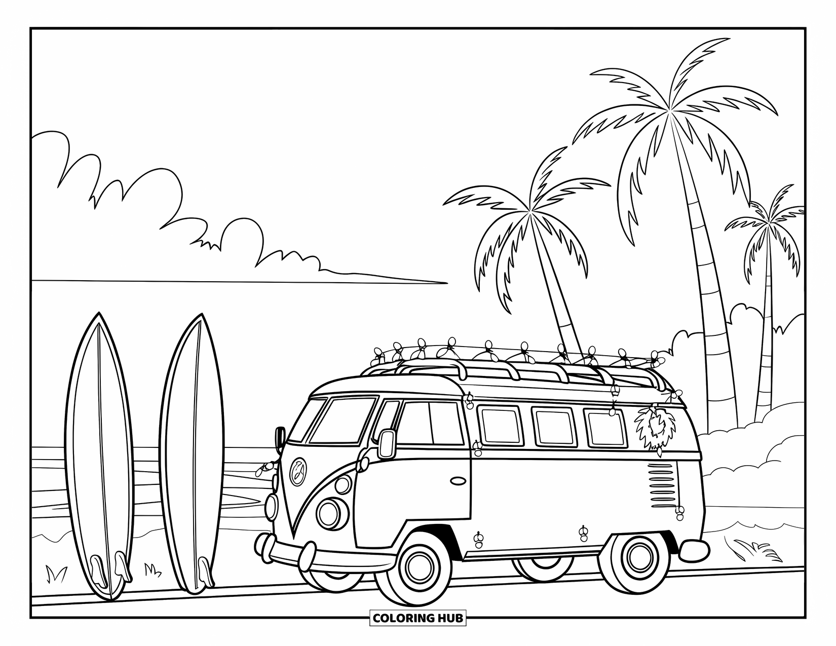 Christmas In July Coloring Page for Kids: A festive camper van parked near the ocean with surfboards and palm trees
