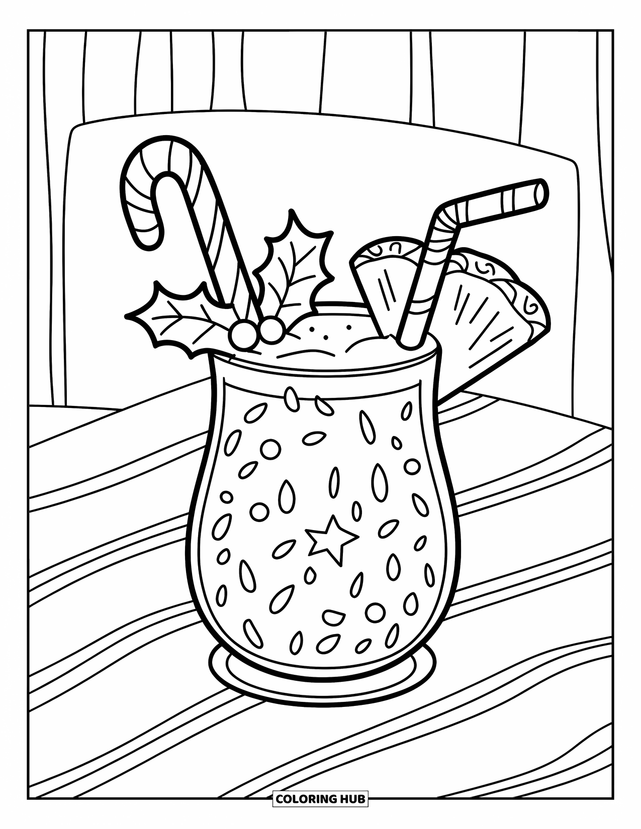 Christmas In July Coloring Page for Kids: A festive drink with a candy cane, pineapple, and cherry sits on a table
