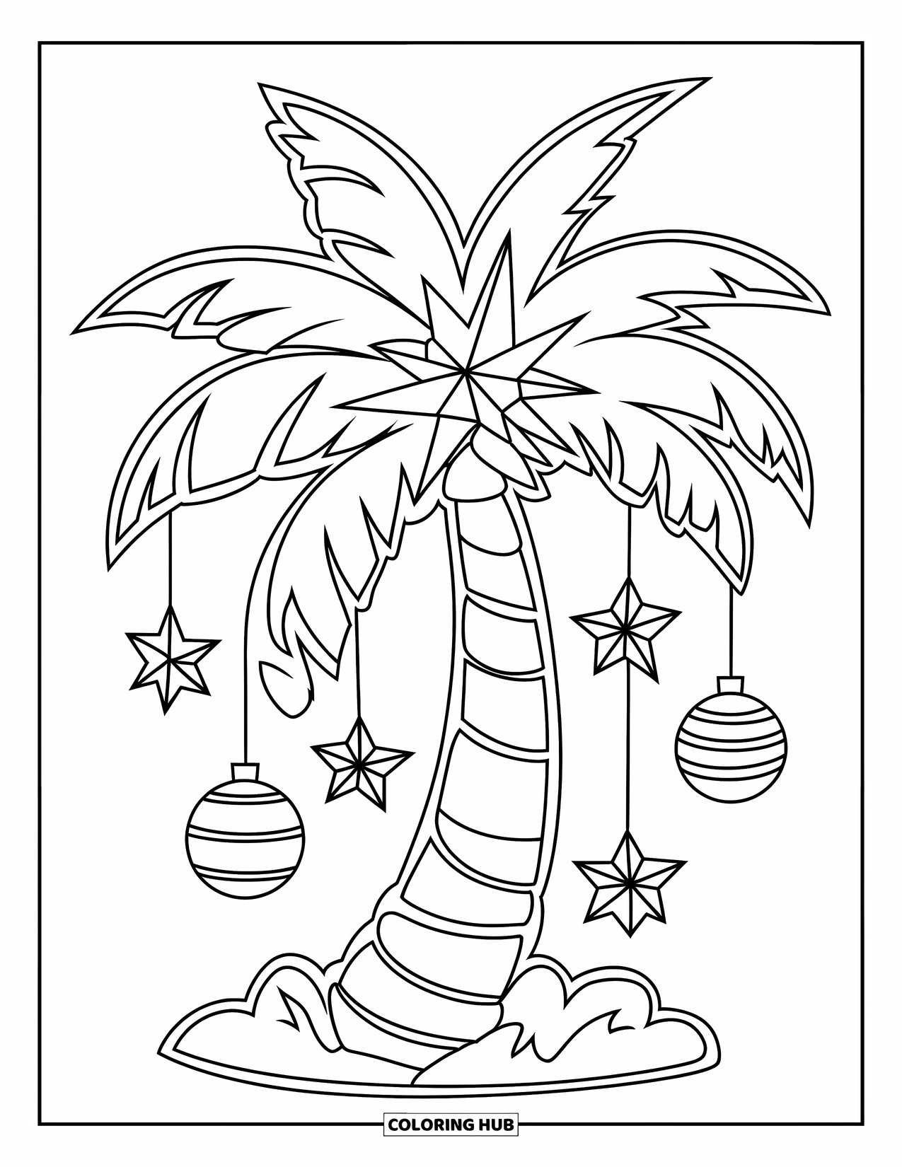 Christmas In July Coloring Page for Kids: A festive palm tree decorated with ornaments and a star stands tall