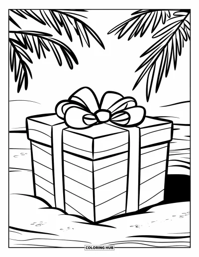 Coloriage de Noël en juillet pour enfants : Un immense cadeau avec un ruban est posé sur le sable de la plage