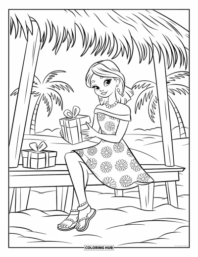 Coloriage de Noël en juillet pour enfants : Une fille en robe fleurie emballe des cadeaux sous un fare sur le sable