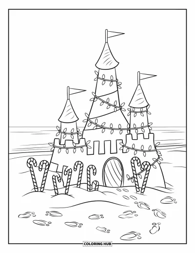 Coloriage de Noël en juillet pour enfants : Un château de sable illuminé de guirlandes et de cannes en sucre d'orge brille sous les étoiles