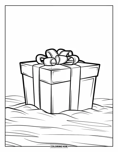 Coloriage de Noël en juillet pour enfants : Un grand cadeau avec un ruban repose sur le sable chaud et ensoleillé