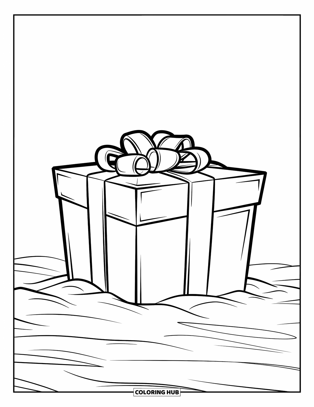 Christmas In July Coloring Page for Kids: A huge beach gift with a big bow rests on smooth, sunny sand