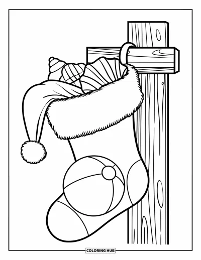 Coloriage de Noël en juillet pour enfants : Une grande chaussette remplie de coquillages est suspendue à un poteau en bois