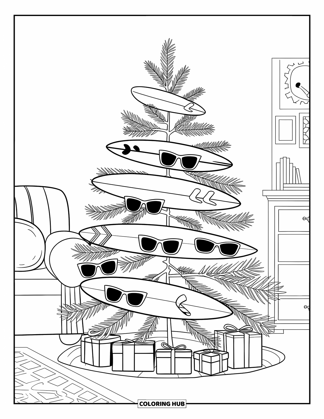 Christmas In July Coloring Page for Kids: A living room tree sparkles with surfboards and summer shades