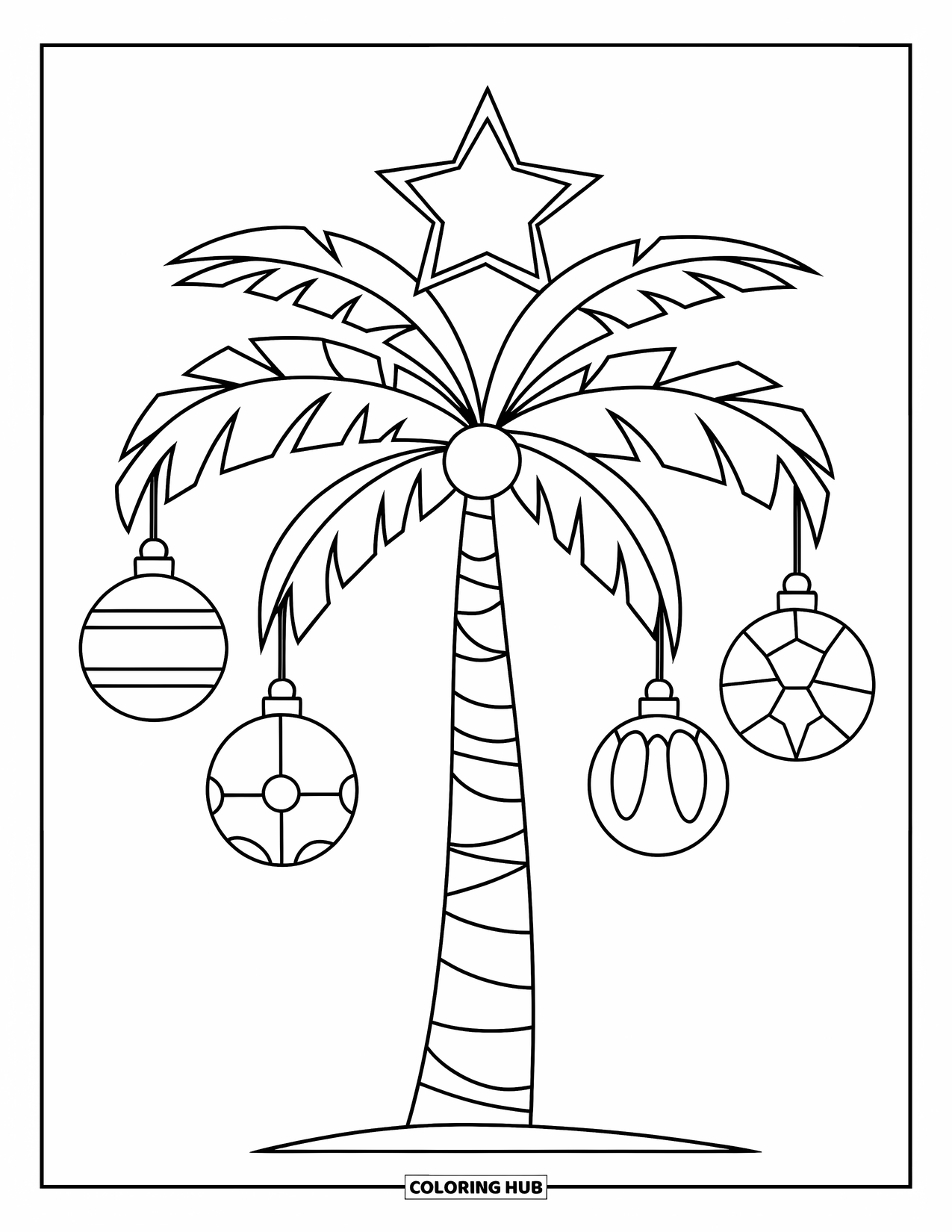 Christmas In July Coloring Page for Kids: A palm tree with ornaments and a big star brightens the white background