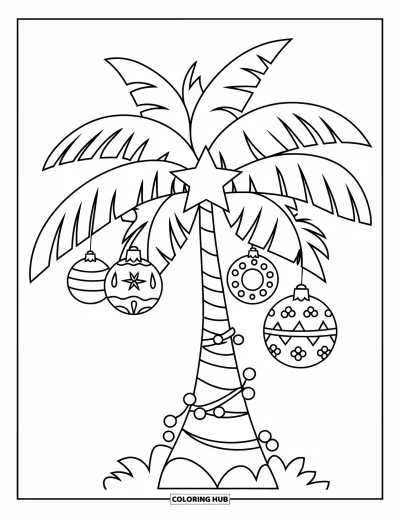 Coloriage de Noël en juillet pour enfants : Un palmier avec des boules et une étoile rayonne sur le sable blanc