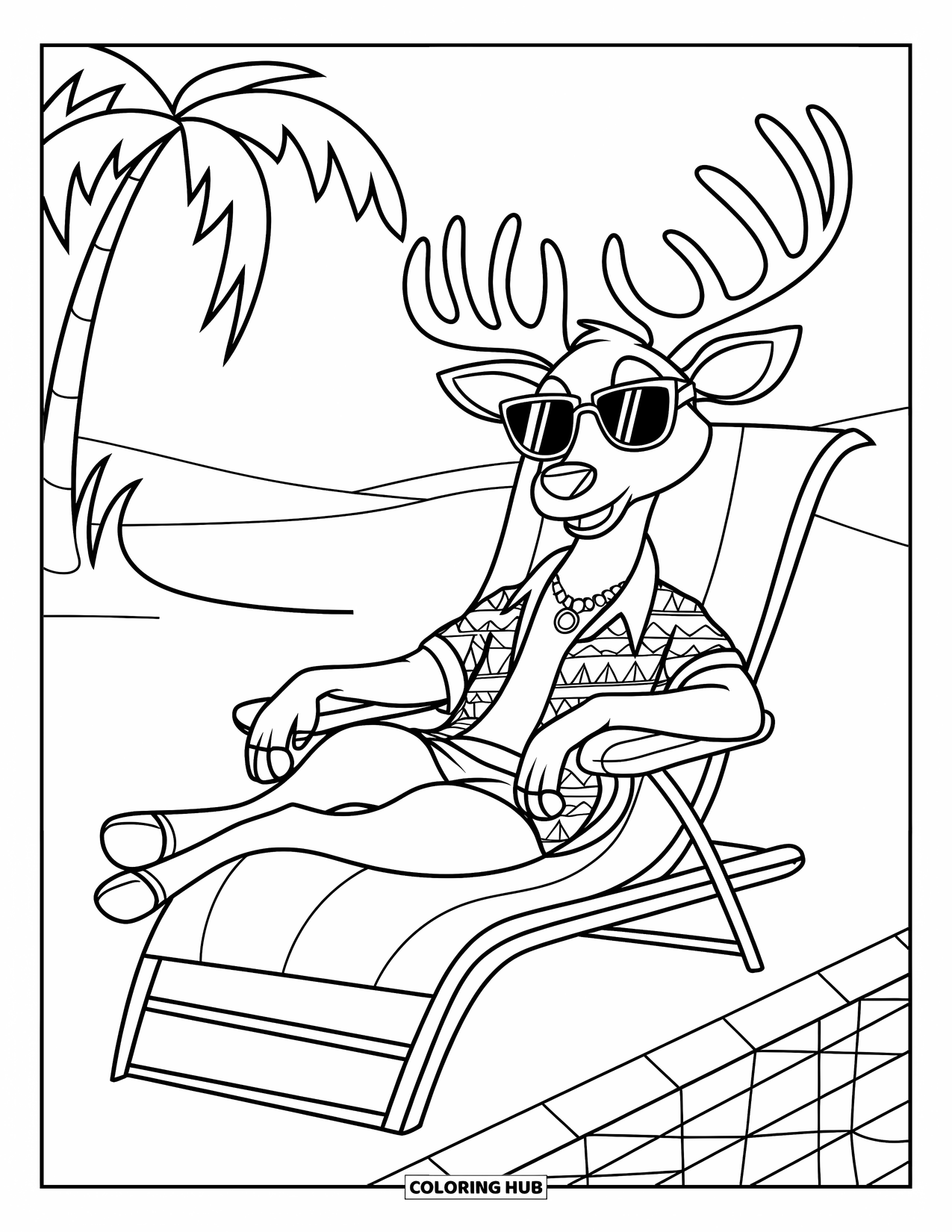Christmas In July Coloring Page for Kids: A reindeer lounges on a pool chair in sunglasses and a Hawaiian shirt