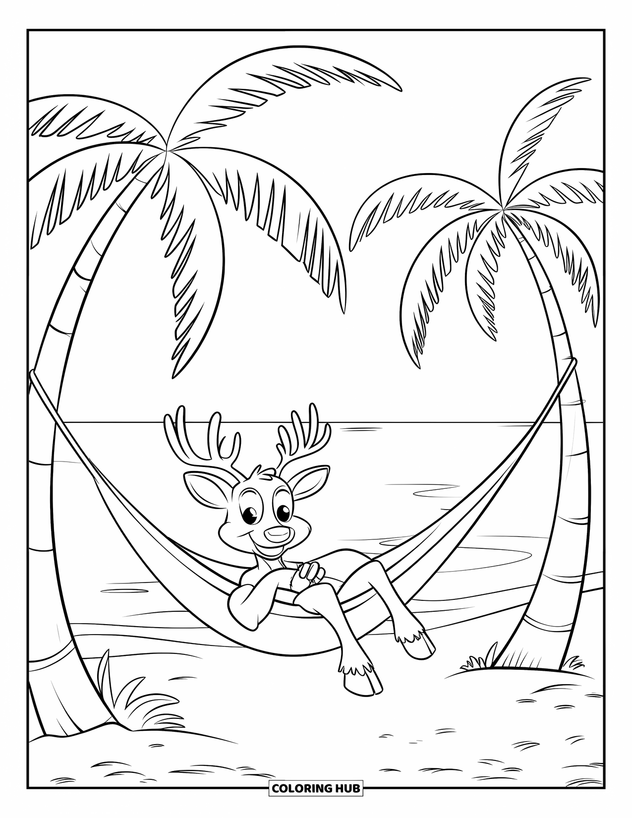 Christmas In July Coloring Page for Kids: A reindeer rests in a hammock above a sunny tropical beach
