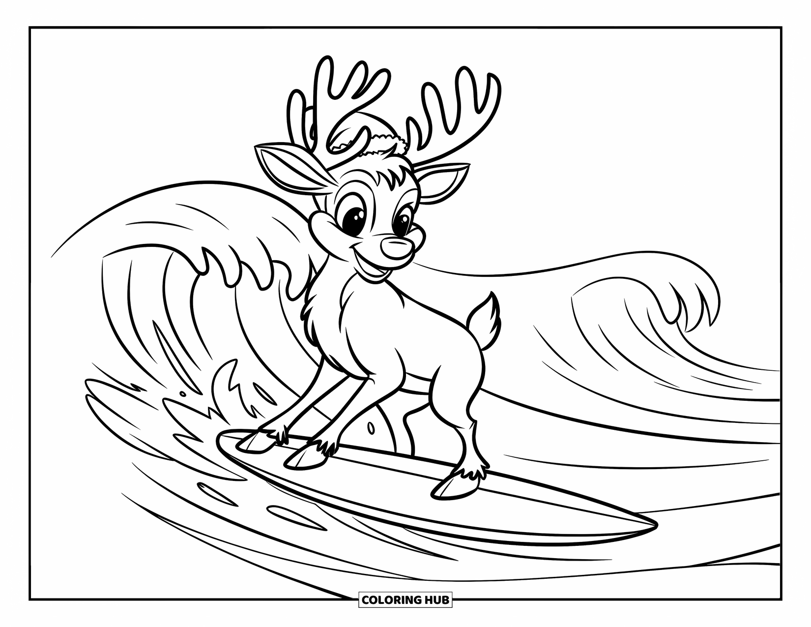 Christmas In July Coloring Page for Kids: A reindeer surfs ocean waves wearing a Santa hat and a big smile