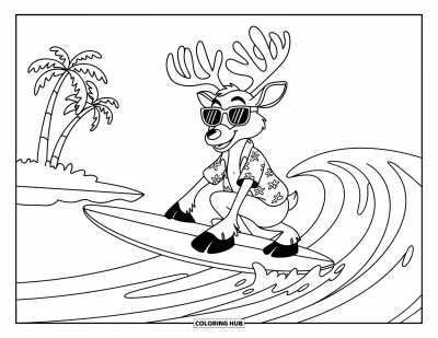 Coloriage de Noël en juillet pour enfants : Un renne surfe sur les vagues en chemise hawaïenne près d'une île tropicale