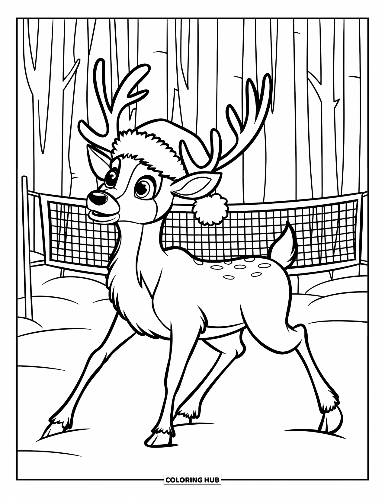 Christmas In July Coloring Page for Kids: A reindeer wearing a Santa hat plays volleyball near tall pine trees