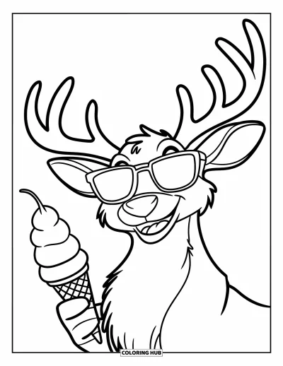 Coloriage de Noël en juillet pour enfants : Un renne avec des lunettes de soleil déguste une glace en cornet avec un grand sourire