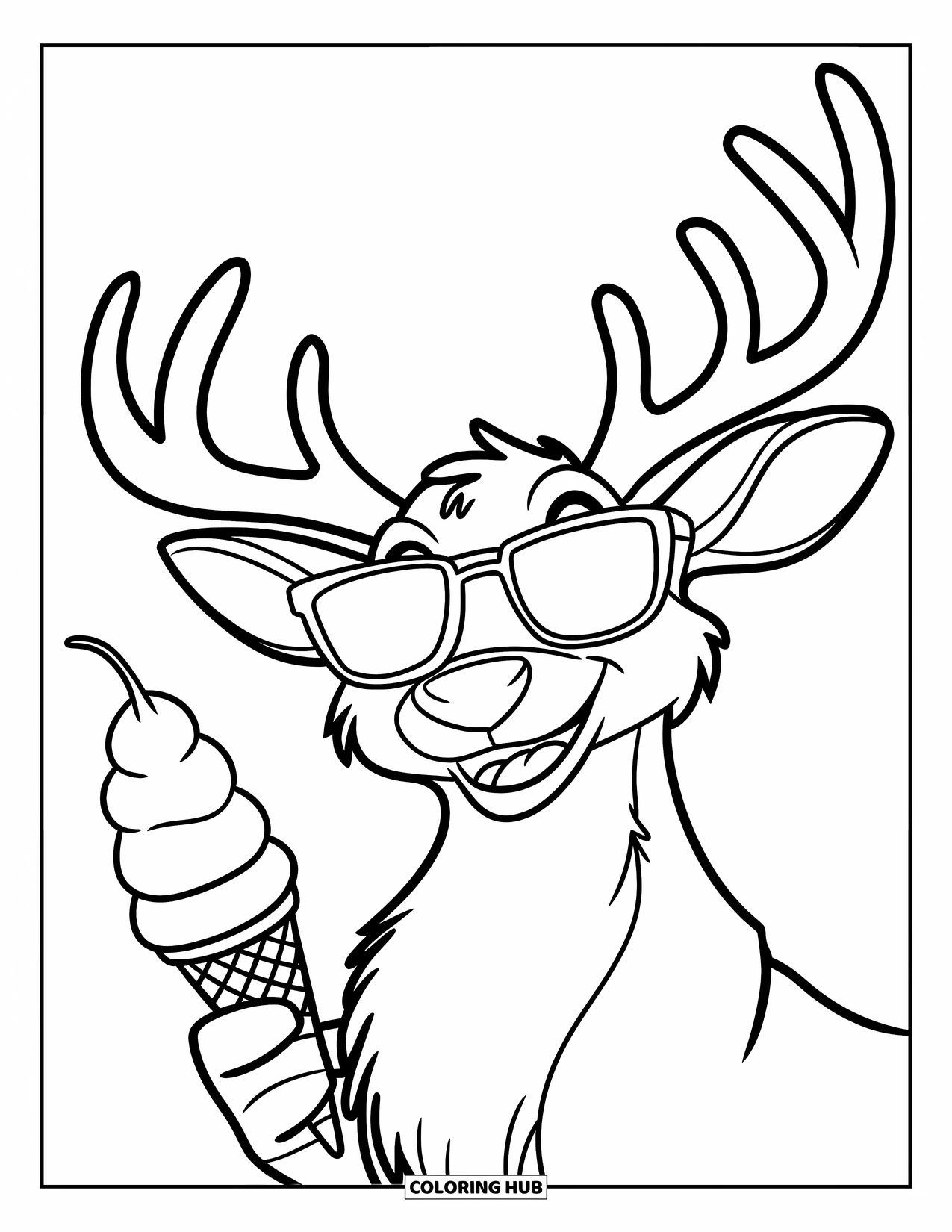 Christmas In July Coloring Page for Kids: A reindeer wearing sunglasses enjoys an ice cream cone with a smile