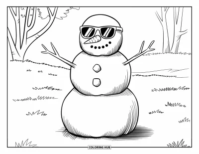 Coloriage de Noël en juillet pour enfants : Un bonhomme de sable avec des lunettes de soleil et un nez en carotte sourit au soleil