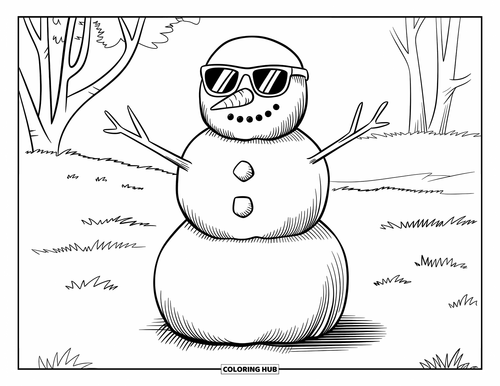 Christmas In July Coloring Page for Kids: A sand snowman with sunglasses and a carrot nose smiles in the sun