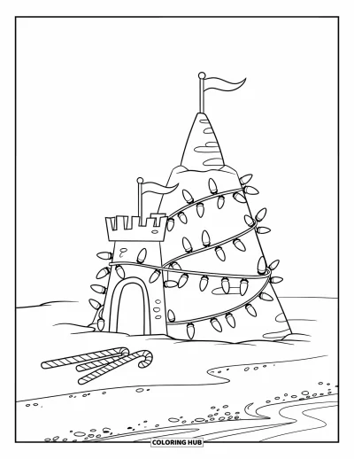 Coloriage de Noël en juillet pour enfants : Un château de sable avec des tours, des cannes en sucre d'orge et des lumières se dresse près de l'océan