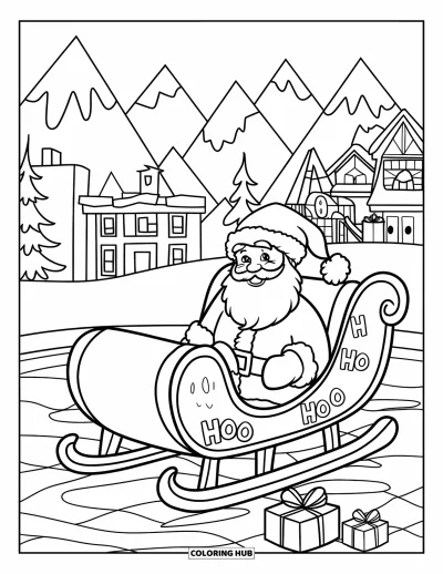 Coloriage de Noël en juillet pour enfants : Un Père Noël souriant se détend sur un flotteur de piscine en forme de traîneau entouré de cadeaux