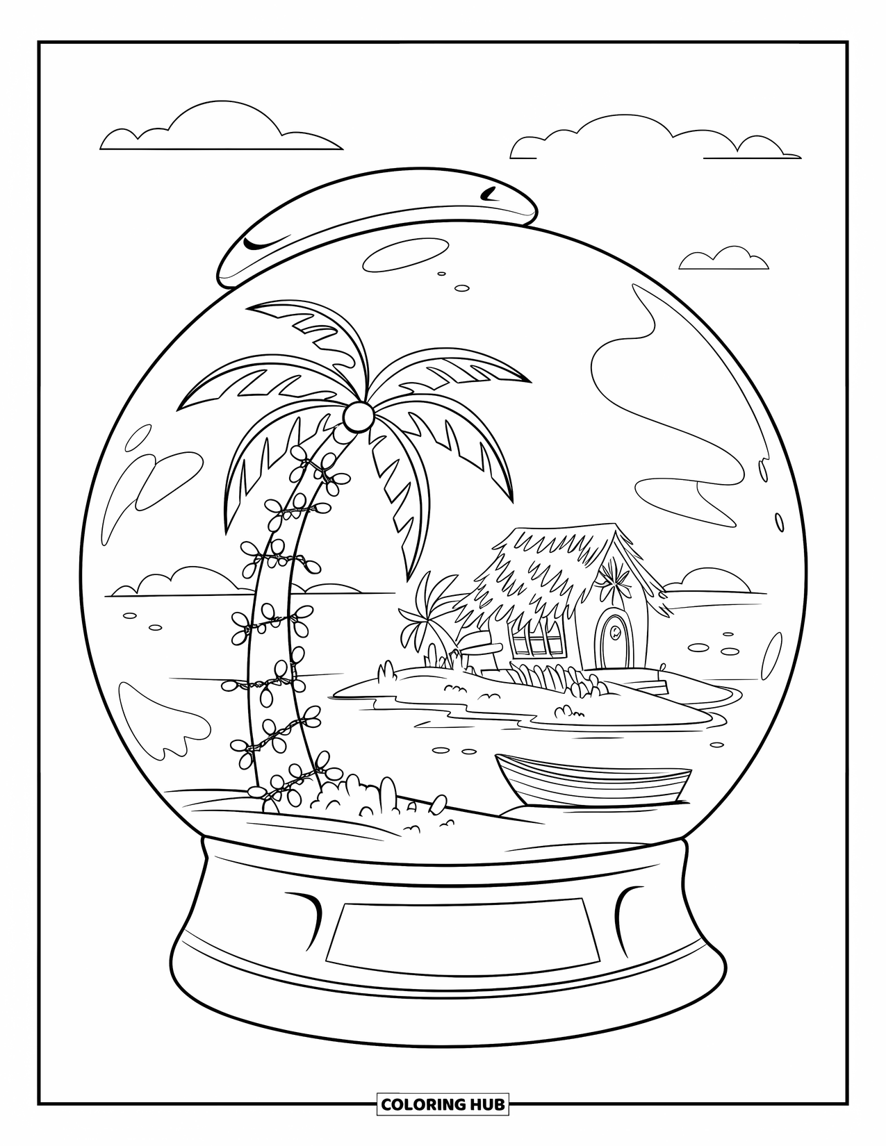 Christmas In July Coloring Page for Kids: A snow globe shows a tiny island with a palm tree and a hut