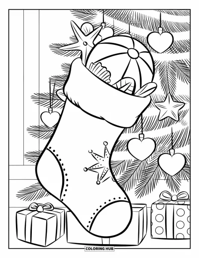 Coloriage de Noël en juillet pour enfants : Une chaussette pleine de coquillages et de cadeaux est accrochée à un sapin de Noël