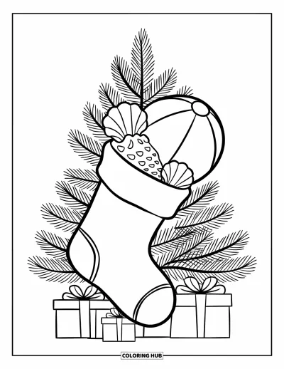 Coloriage de Noël en juillet pour enfants : Une chaussette remplie de coquillages et de cadeaux est suspendue à un arbre avec des présents en dessous